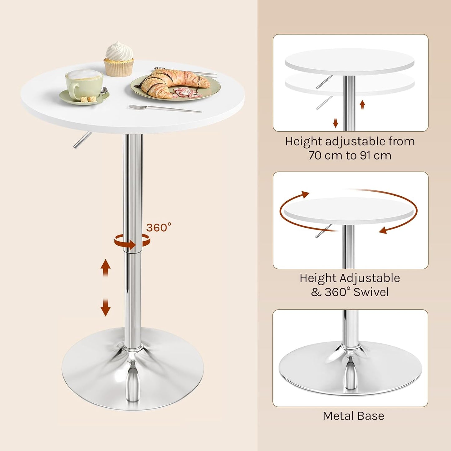 Woltu BT02ws Table de bar réglable - Rond 60x60 cm - Hauteur 68-88 cm - Blanc