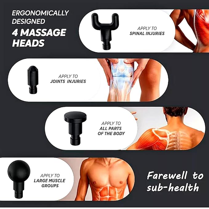 FASCIAL GUN KH-320 Pistolet de massage électrique portable à percussion pour le corps et les muscles avec 6 vitesses, pour le soulagement de la douleur et du stress avec 4 têtes de massage (multi)