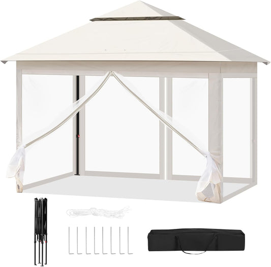 Woltu Party Tent 3x3 m Beige - Tente de jardin imperméable avec moustiquaires - Hauteur réglable et double toit
