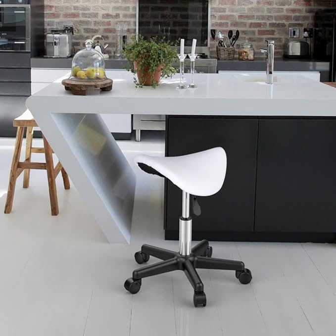 Yaheetech Saddle Stool - Tabouret mobile - Siège selle - Hauteur réglable - 5 roues - Blanc