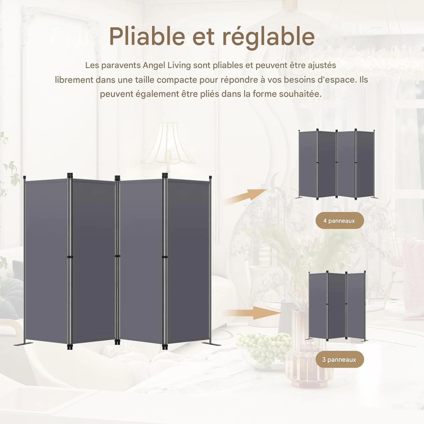 Angel Living Room Screen 4-Panels - Séparation de pièce stable et écran d'intimité en acier et polyester, pliable - Gris