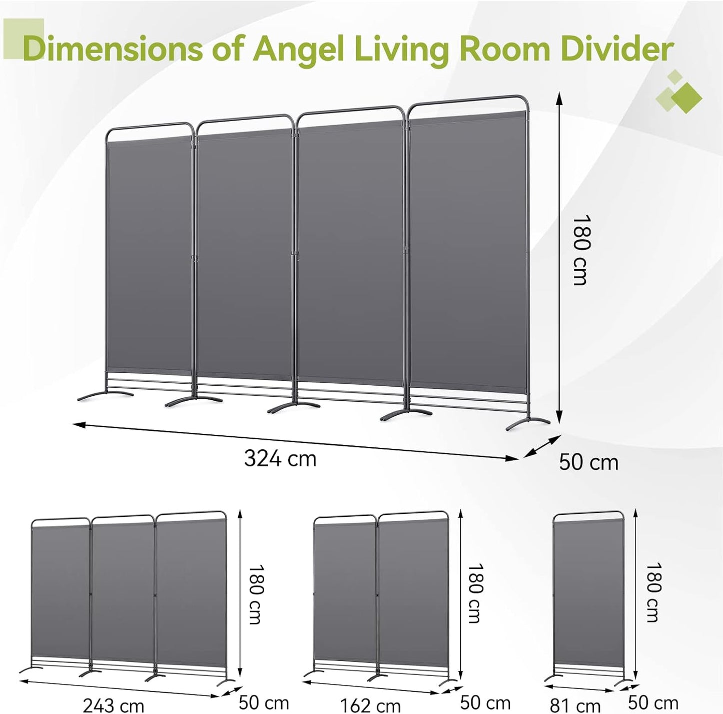 Angel Living Paravent - 4 Panneaux - 324 x 180 cm - Gris