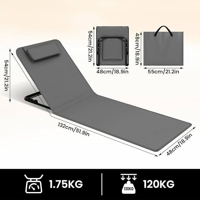 WOLTU LS006dgr-2 - set de 2 tapis de plage avec dossier - gris foncé - pliable avec 3 positions et coussin de tête