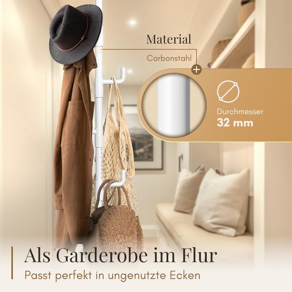 LOBUX® - Porte-manteau extensible, 5 crochets [blanc, 110-310cm] - porte-manteau télescopique stable - porte-manteau peu encombrant en métal - valet de chambre - porte-manteau de couloir - porte-manteau balcon