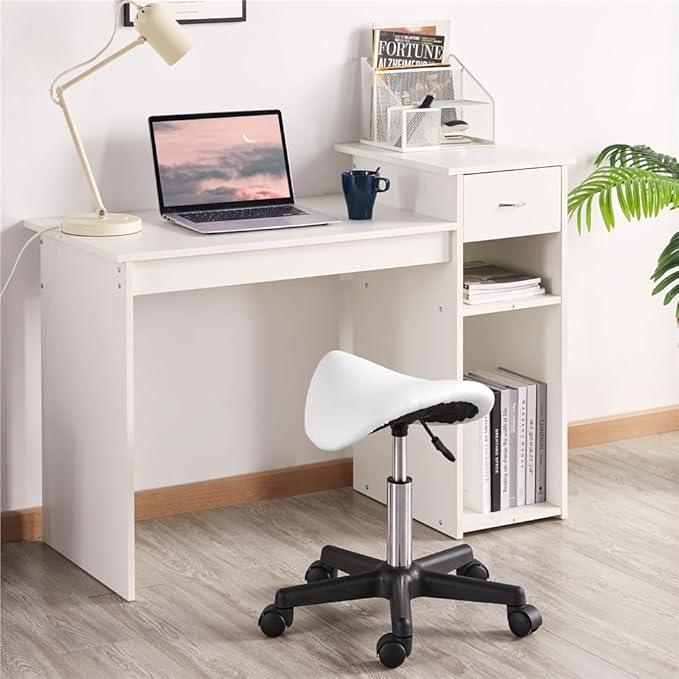 Yaheetech Saddle Stool - Tabouret mobile - Siège selle - Hauteur réglable - 5 roues - Blanc