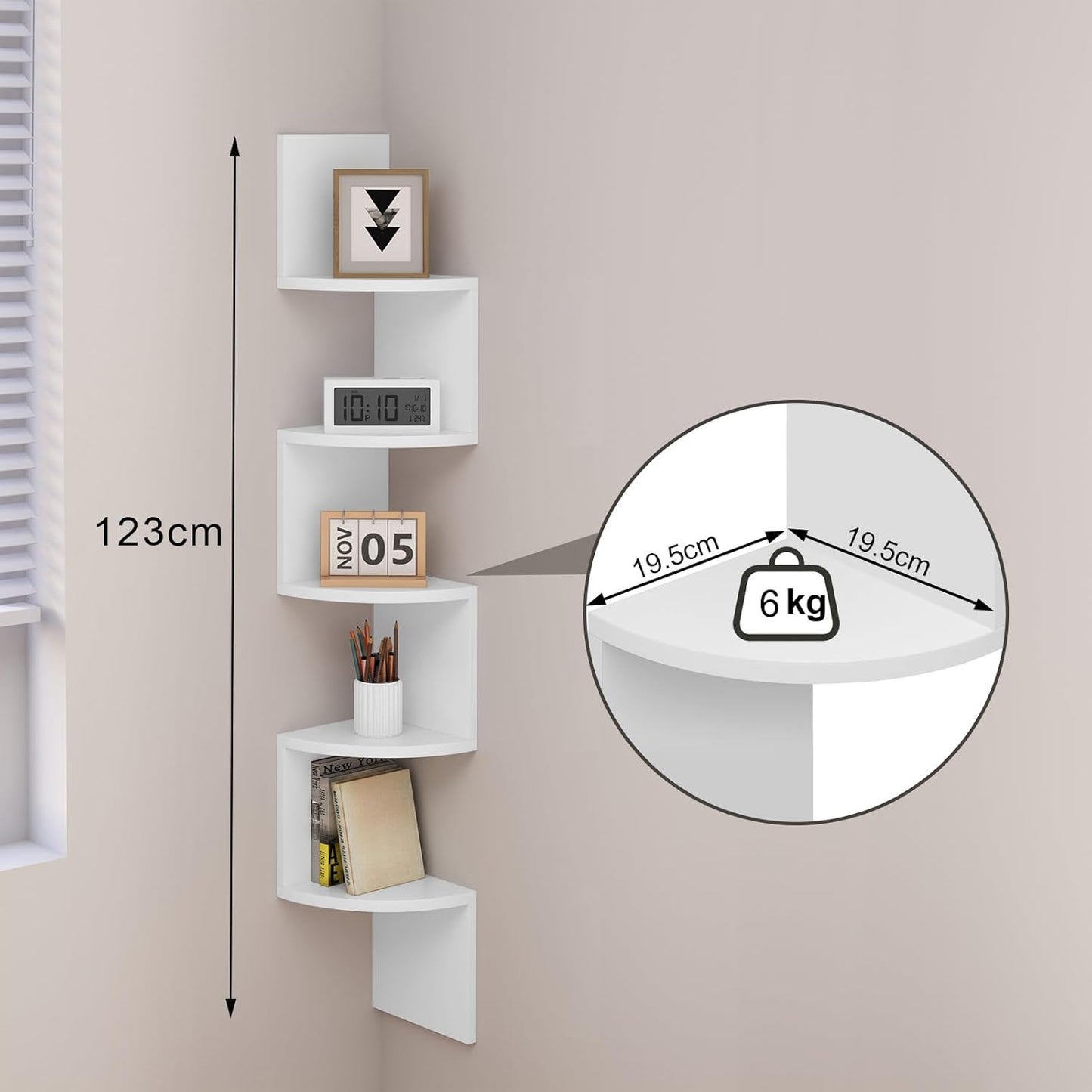 Woltu RG9313ws2 - Étagère murale Zigzag 5 niveaux - Blanc - 19,5 x 19,5 x 123 cm