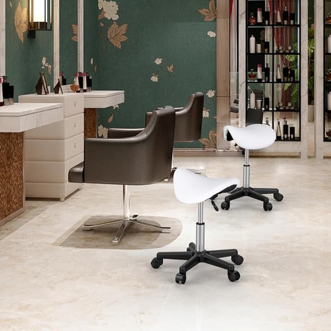 Yaheetech Saddle Stool - Tabouret mobile - Siège selle - Hauteur réglable - 5 roues - Blanc