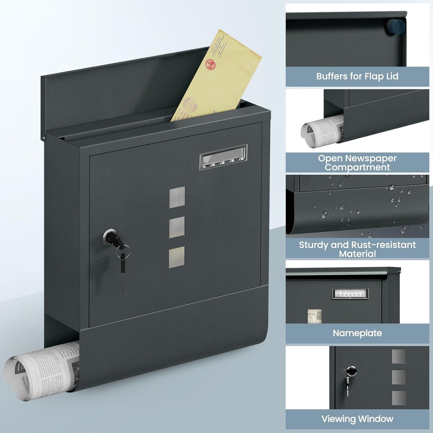 Boîte aux lettres Woltu avec boîte à journaux - Anthracite - 30,5 x 33,5 x 10 cm - Verrouillable avec fenêtre de visualisation et plaque signalétique