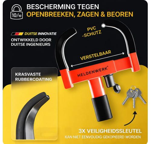 HELDENWERK - Griffe de parking et pince de roue - Pour 18-30 cm de largeur de pneu - Acier allié noir et rouge - Avec serrure de haute sécurité et 3 clés - Protection contre le vol - Sécurité maximale