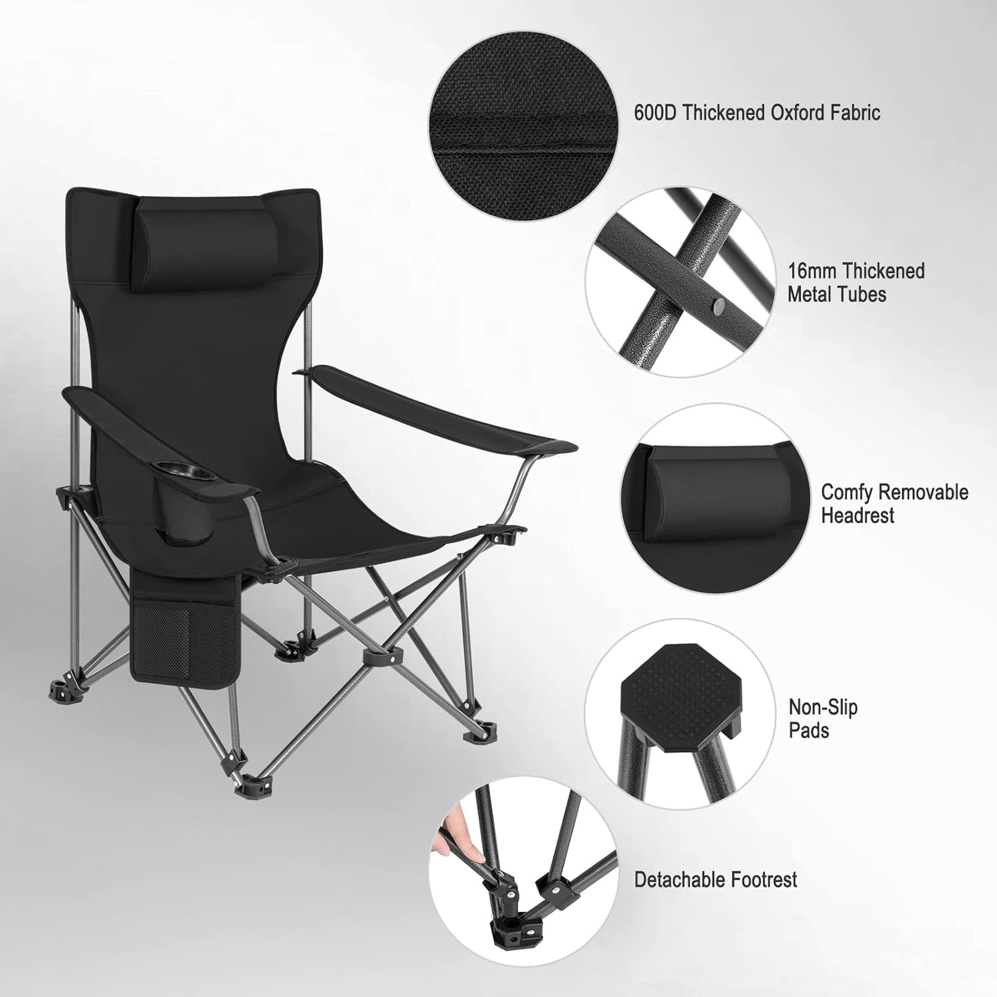 Chaise de camping pliable Woltu - Chaise longue et chaise de pêche avec repose-pieds et porte-gobelet - 160x88,5x84 cm - Noir