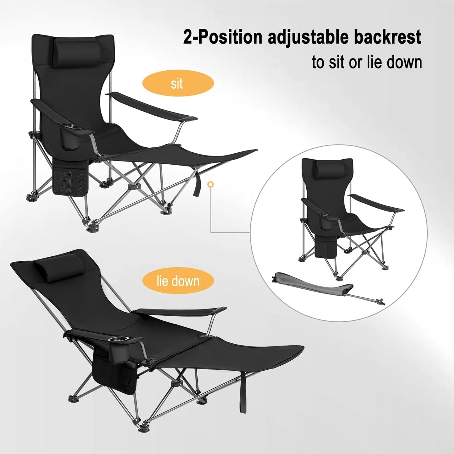 Chaise de camping pliable Woltu - Chaise longue et chaise de pêche avec repose-pieds et porte-gobelet - 160x88,5x84 cm - Noir