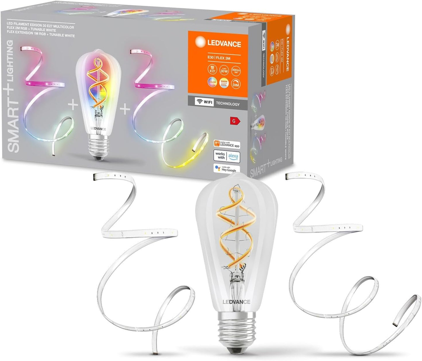 Ledvance Smart+ WiFi Edison Filament Lamp + RGB Light Strip 3m (2m + 1m extension) - 2700-6500K - Dimmable & Smart Home