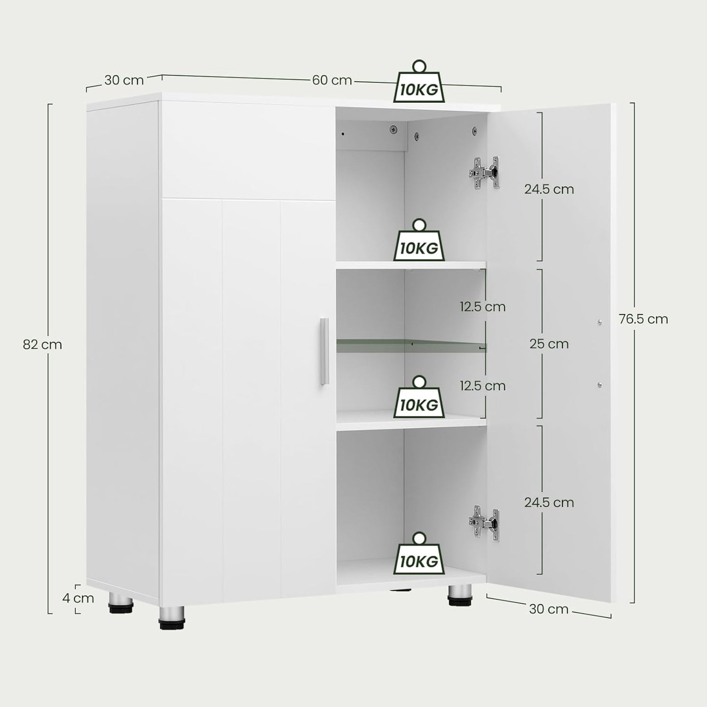 Eugad Bathroom Cabinet Upright - White - 60 x 30 x 82 cm - Meuble de rangement moderne avec portes et étagères réglables