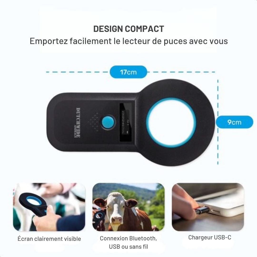 Lecteur de puces pour animaux Dutchwide Chipreader Pro - 128 enregistrements - USB/ Bluetooth