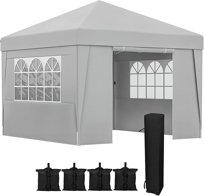 Outsunny Pavillon de jardin, pop-up, pliable, pavillon, tente de fête, 3 x 3 m, protection contre les UV 30+, avec fenêtres, parois latérales, sac de transport, sacs de sable, gris