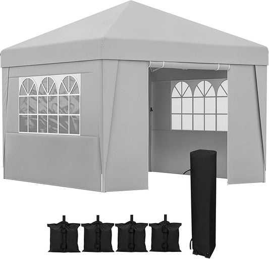 Outsunny Pavillon de jardin, pop-up, pliable, pavillon, tente de fête, 3 x 3 m, protection contre les UV 30+, avec fenêtres, parois latérales, sac de transport, sacs de sable, gris