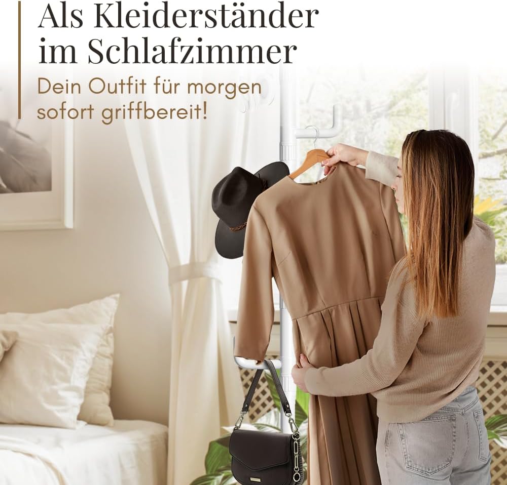 LOBUX® - Porte-manteau extensible, 5 crochets [blanc, 110-310cm] - porte-manteau télescopique stable - porte-manteau peu encombrant en métal - valet de chambre - porte-manteau de couloir - porte-manteau balcon
