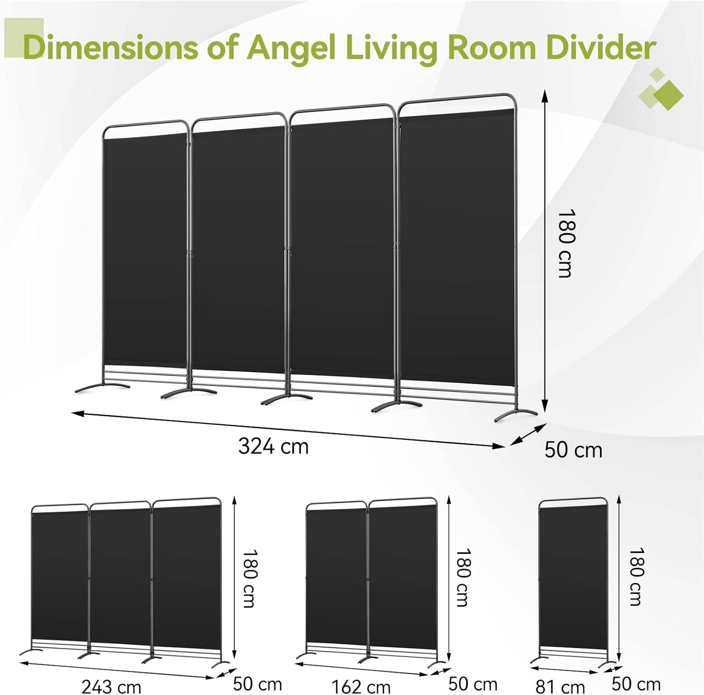 Angel Living Paravent - 4 Panneaux - 324 x 180 cm - Noir