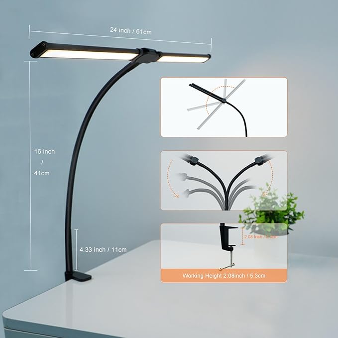 Lampe de bureau à Led Skoov - pour la maison et le bureau - lumineuse à double tête avec 3 couleurs, dimmable à l'infini - flexible à col de cygne pour l'architecture - USB 5V - noir