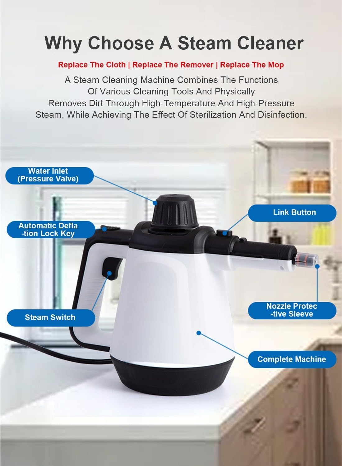 ETLIFE Nettoyeur vapeur, 1200 W, 3 Bar de pression de vapeur, 400ml de capacité, blanc