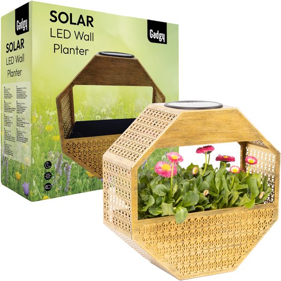 Gadgy Solar - Applique murale Gadgy Solar avec jardinière – Éclairage de jardin à énergie solaire – Lampe d'extérieur à LED – 30 x 30 cm – Jardinière noire