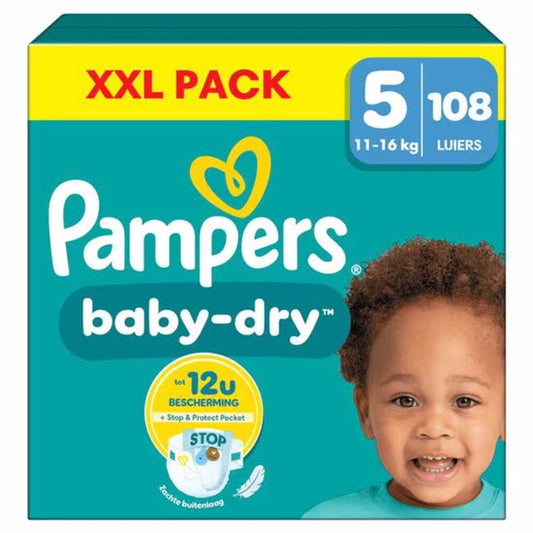 Couches Pampers Baby-Dry - Taille 5 (11-16 kg) - 108 pièces - Pack économique - Stop and Protect - Couche supplémentaire unique - Noyau absorbant - Doubles bords de protection (jusqu'à la taille 5+)