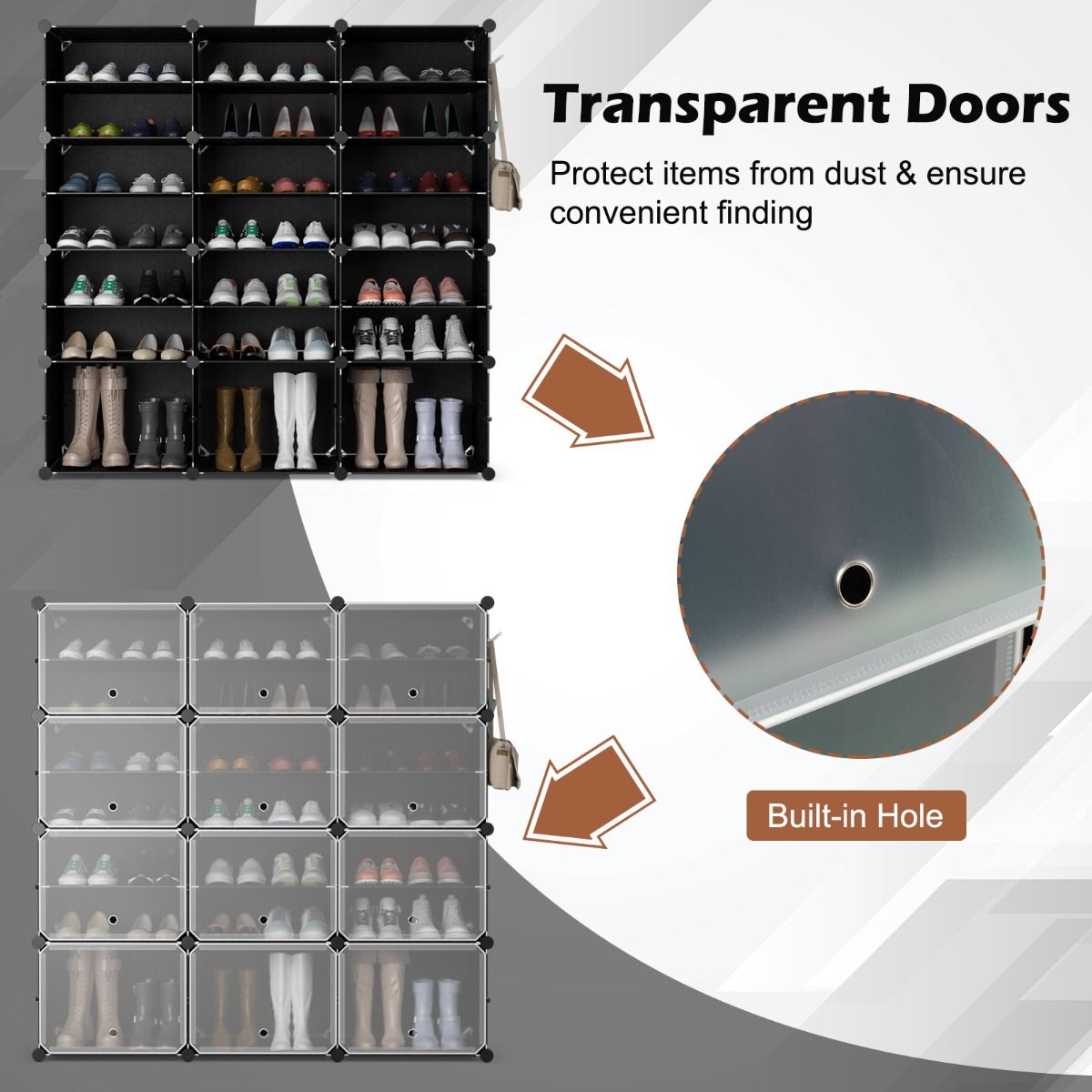 Armoire à chaussures Coast à 8 compartiments - étagère à chaussures réglable - pour 48 paires de chaussures - noire et translucide