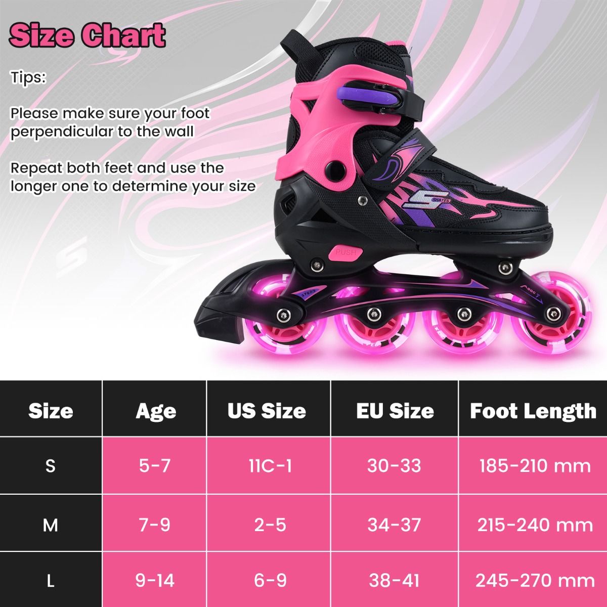 Rollers Coast pour enfants - réglables - roues lumineuses - pointures 38-41 EU - couleur rose