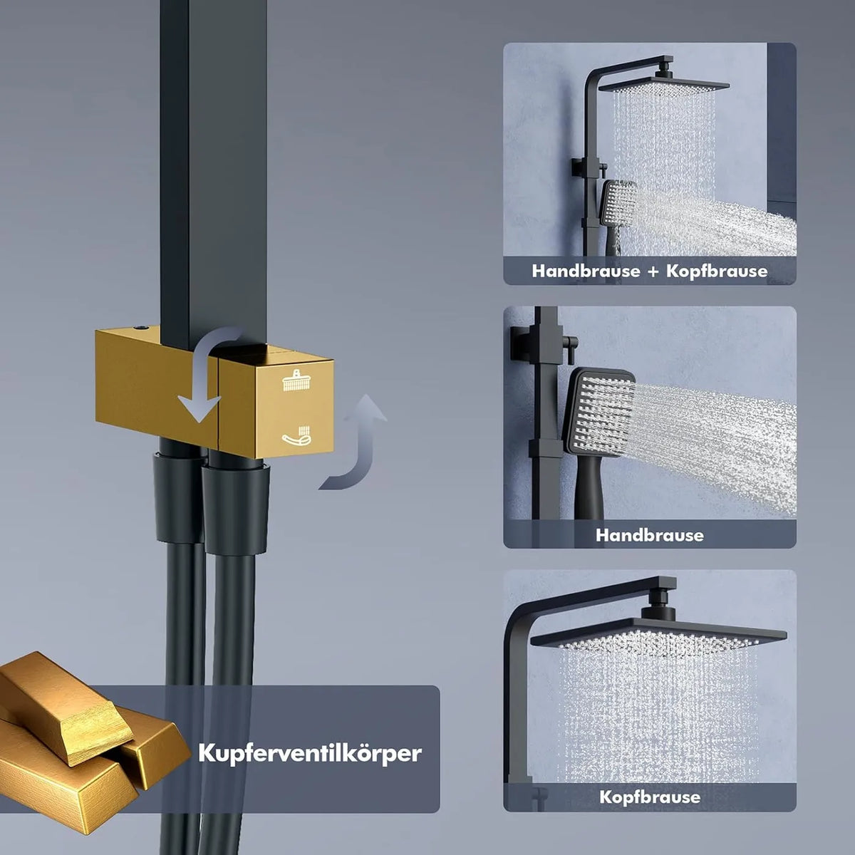 Ensemble de douche à effet pluie Homelody sans thermostat - Douche de tête carrée 20 x 20 cm - Barre de douche réglable de 73 à 115 cm - Noir