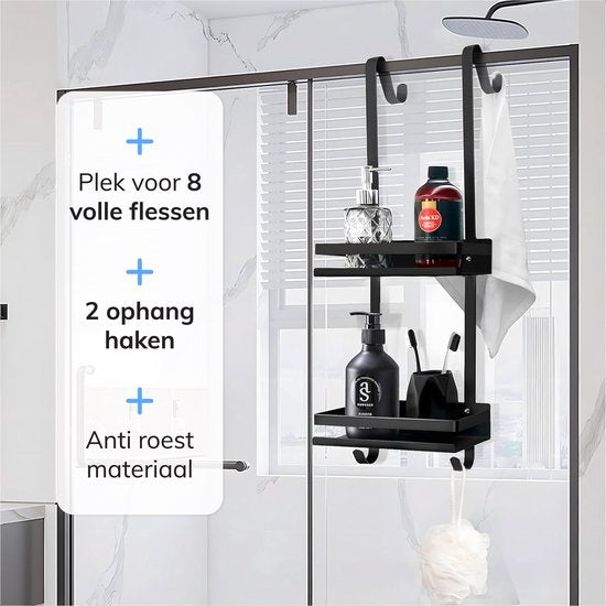 Support de douche - Télescopique, suspendu et suspendu sans perçage - 2 couches avec crochets - Noir - Luft