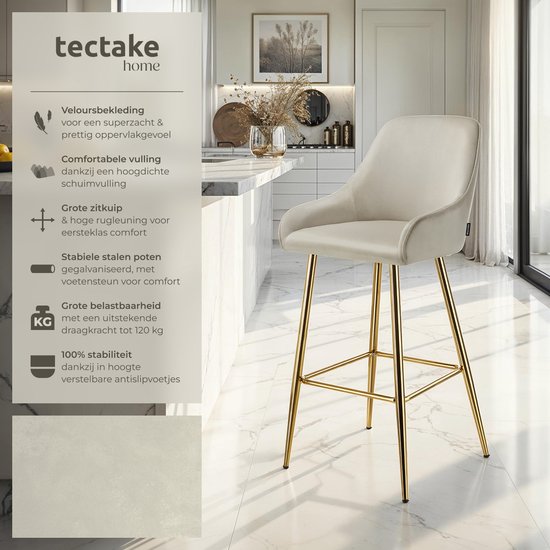 tectake® - Lot de 2 tabourets de bar Avane - Tabouret de bar rembourré avec dossier - Tabourets de bar - Tabouret de bar ergonomique avec repose-pieds - Chaise de salle à manger avec revêtement en velours - Pieds robustes en acier avec protection antidéra