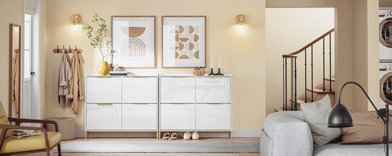 SoBuy FSR206-GW Shoe Cabinet Entrance - Ultrathin 19 cm - High Gloss White and Gold - Pour hall d'entrée, couloir, petit espace, avec protection contre l'inclinaison et protection du sol - 100x19x88.5 cm