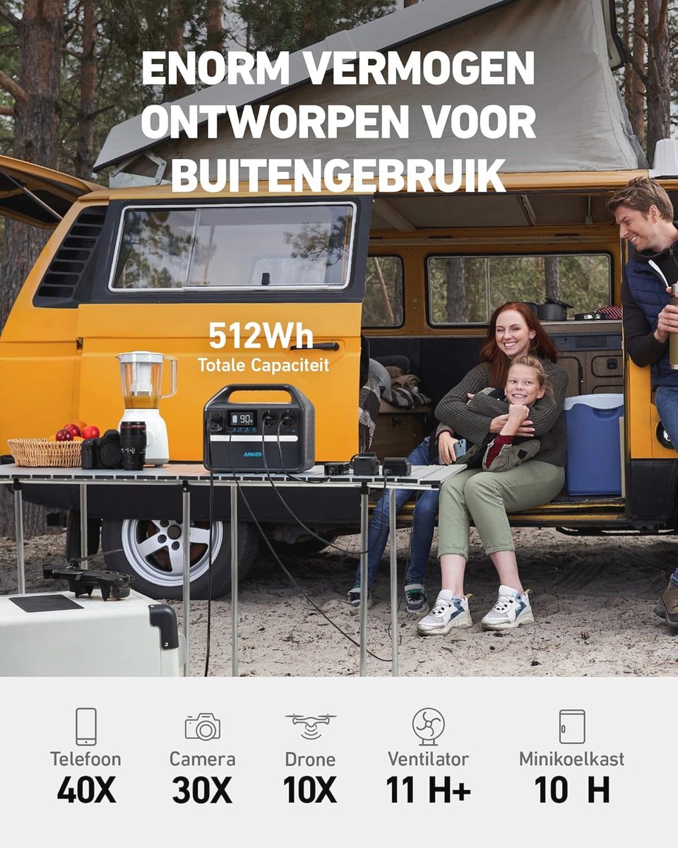 Centrale électrique portable 512Wh - Générateur solaire 500W avec USB-C et 7 sorties - Idéal pour le camping, l'extérieur et les situations d'urgence