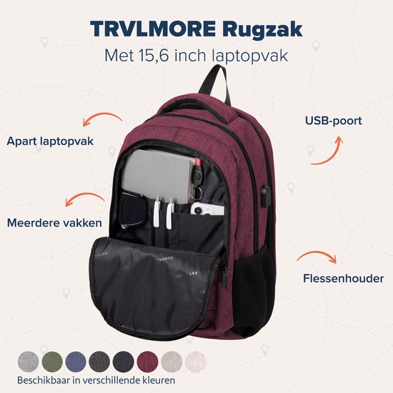TRVLMORE Sac à dos à vie - Sac à dos avec compartiment pour ordinateur portable de 15,6 pouces - Cartable - Résistant aux éclaboussures - Hommes et femmes - Garçons et filles - 28L - Bourgogne