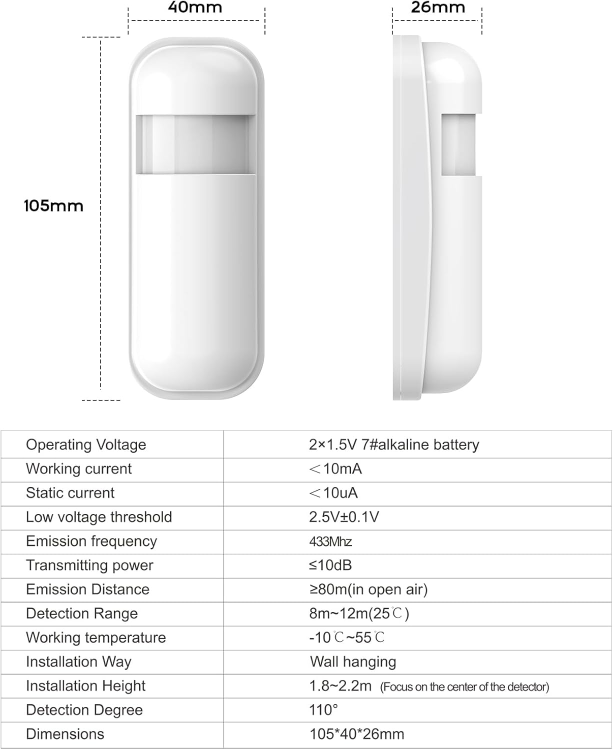 Pgst Détecteur de mouvement PIR sans fil 433 MHz Alarme maison - Détecteur infrarouge passif - Détection 3-7 m - Portée 10 m - Blanc - 24 x 15 x 10 cm