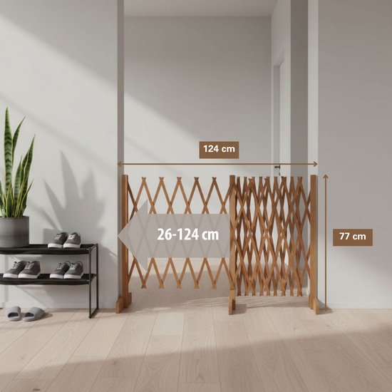 Barrière extensible pour chiens maxxpro - Barrière de sécurité extensible de 26 à 124 cm - pour escalier ou encadrement de porte - Barrière d'escalier sans perçage - Barrière pour chiens d'intérieur et d'extérieur - Bois - 77 cm de haut