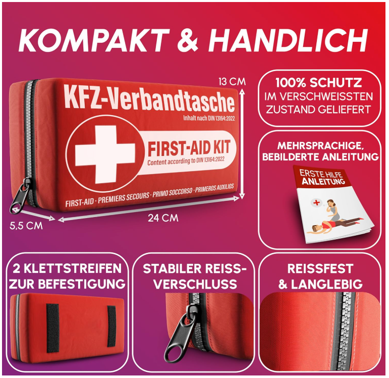 HELDENWERK - Boîte de secours & trousse de secours Car - Norme DIN 13164:2022 - Nylon rouge déperlant - Comprend des lingettes et des masques respiratoires - Pour voiture et moto - Compact et sûr