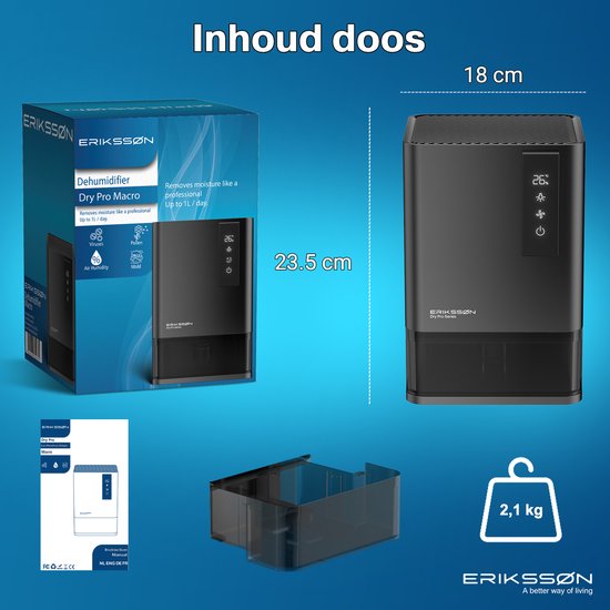Déshumidificateur Erikssøn Dry Pro Series - Déshumidifie jusqu'à 1,2 litre par jour - Convient à la maison, à la chambre à coucher, à la salle de bain, au salon et au sous-sol - Déshumidificateur - Noir