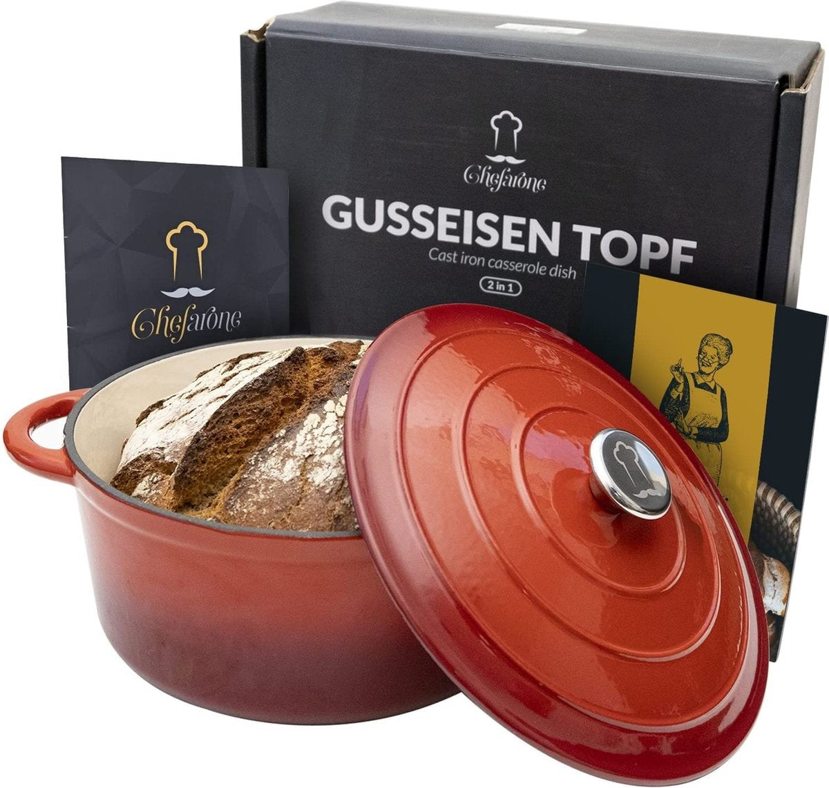 Chefarone Cast Iron Pan - Casserole - Couvercle inclus - Convient à toutes les sources de chaleur - Cocotte / Enamel