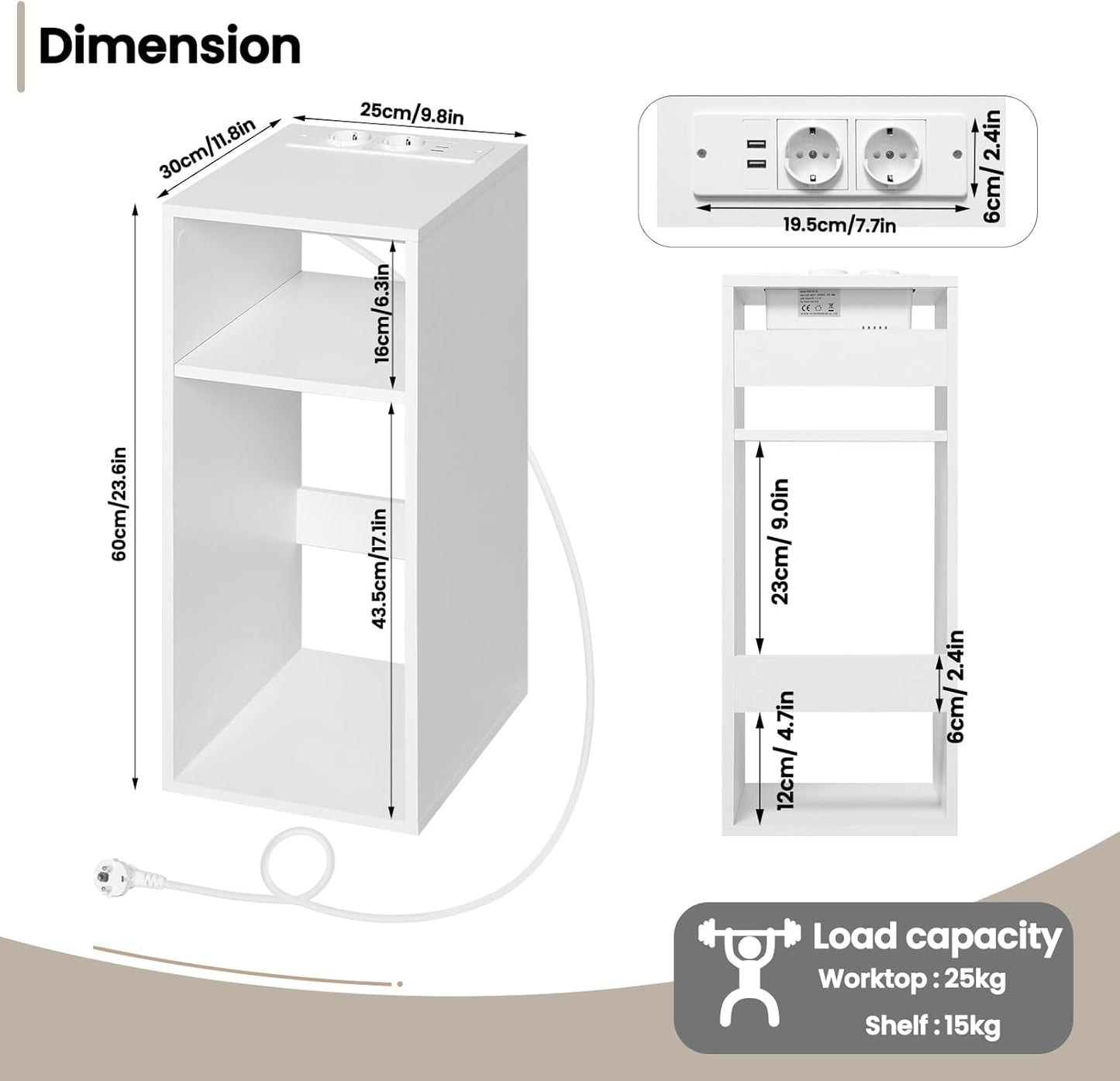 Woltu 2x table de nuit avec USB et prise - Blanc - 25 x 30 x 60 cm - Design compact et moderne