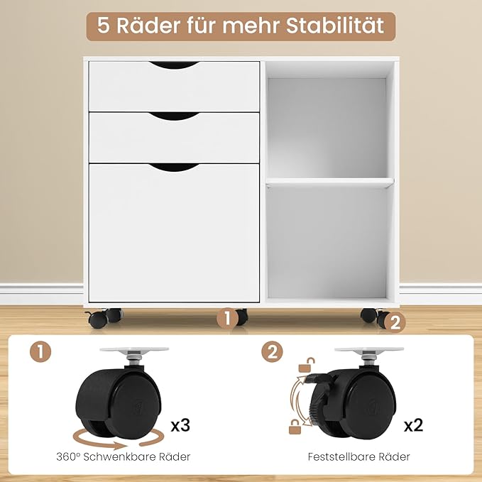 WOLTU ASK13ws roll container - bloc-tiroirs mobile pour le bureau - 3 tiroirs - blanc - 80 x 69,5 x 39,5 cm