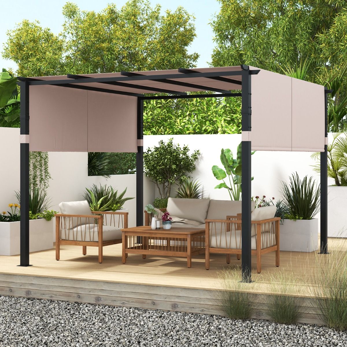 Coast - Pavillon pour barbecue / Pergola - Toit plat, auvent rétractable et 2 moustiquaires latérales - 305 x 305 cm - Métal/Polyester - Beige