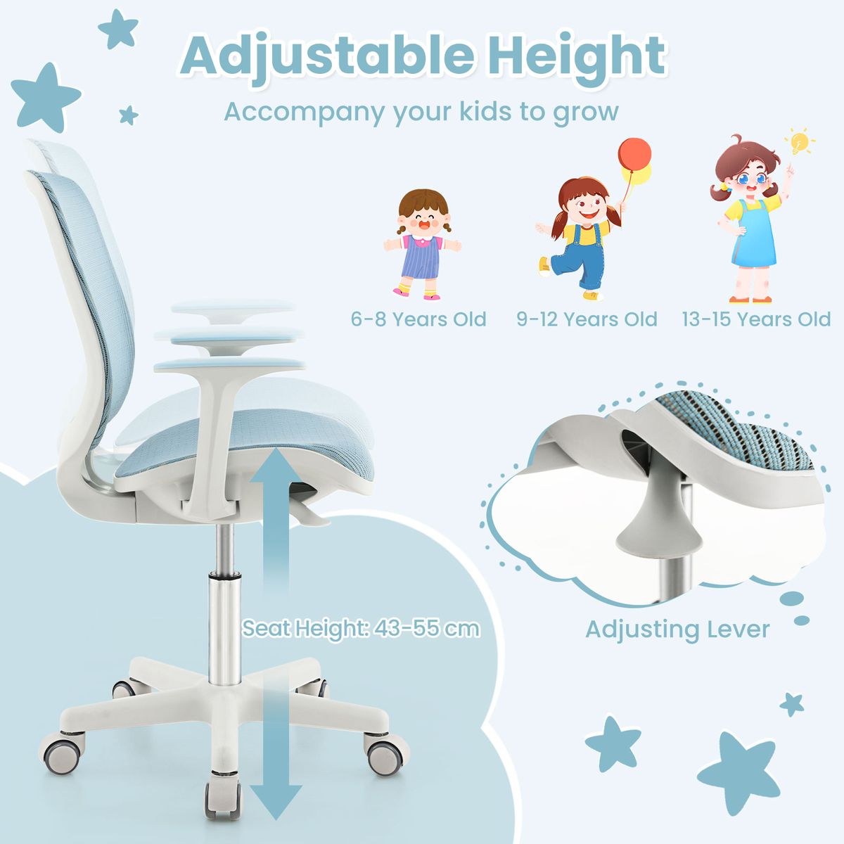 Fauteuil pivotant pour enfant Coast - réglable en hauteur - dossier et accoudoirs ergonomiques - bleu