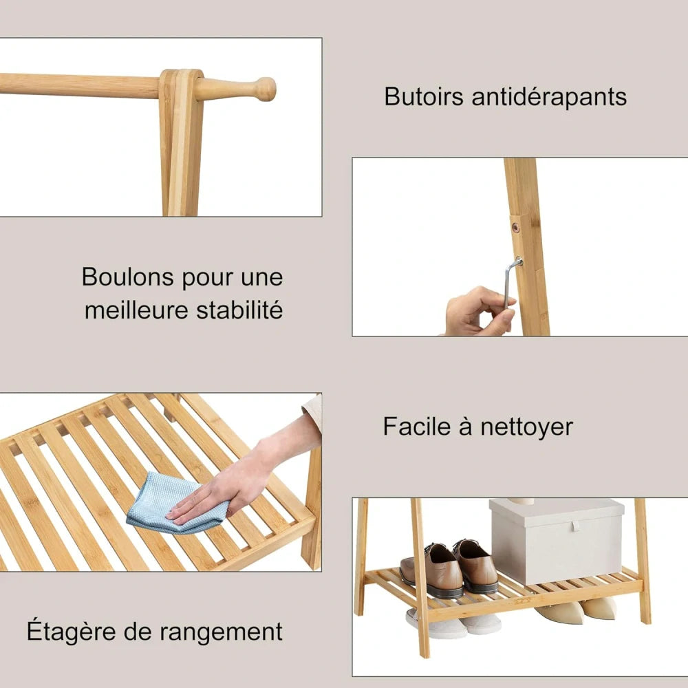 Porte-vêtements eSituro 82 x 42 x 154,5 cm - Bambou - Étagère à chaussures - Naturel