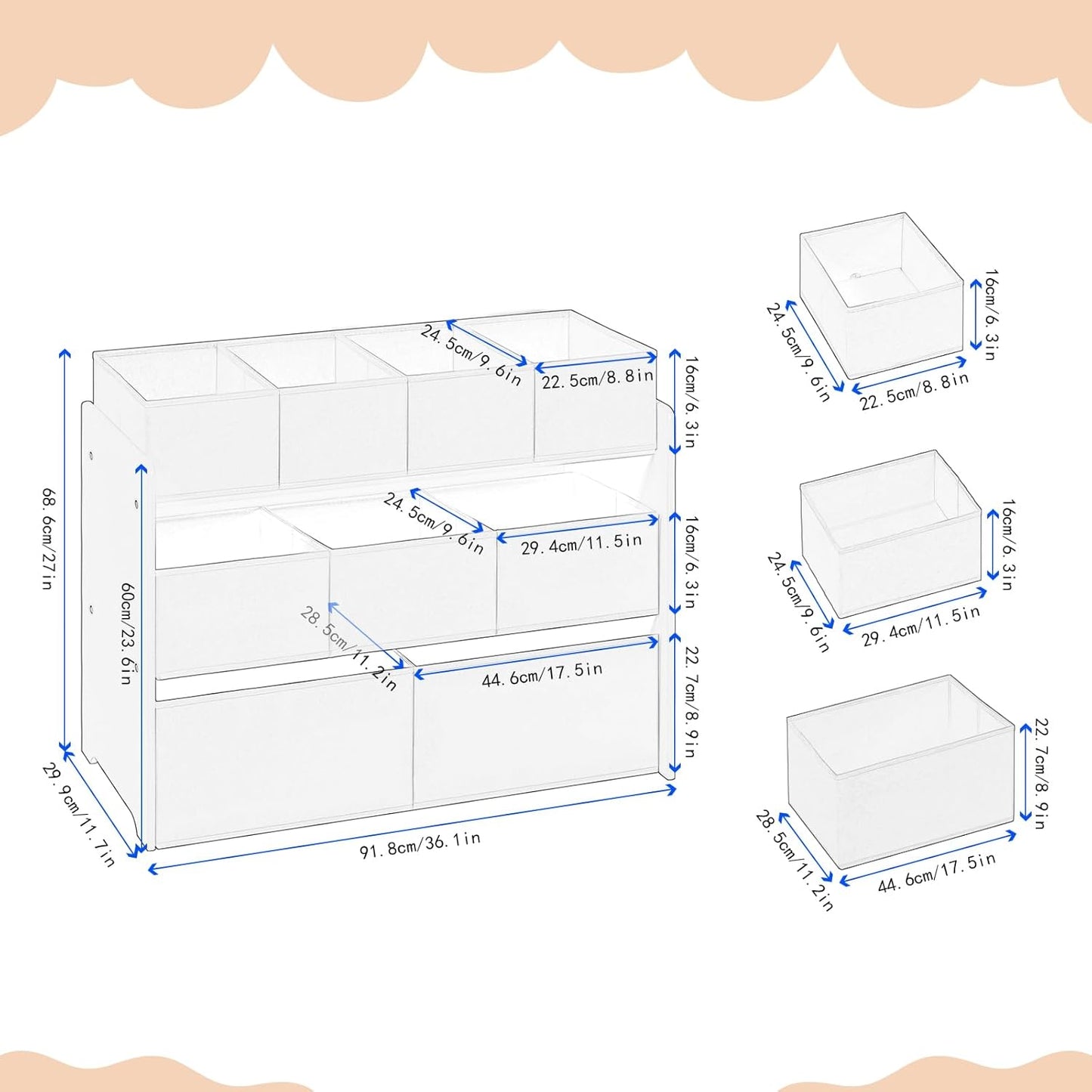 Lestarain Toy Rack for Kids White - Meuble de rangement avec 9 boîtes à jouets - Organisateur pour la chambre d'enfant et la salle de jeux - 92 x 30 x 68 cm