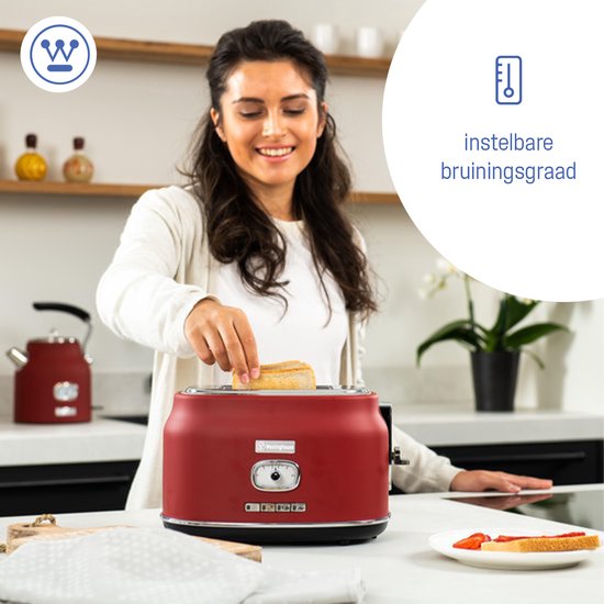 Grille-pain rétro Westinghouse - 2 tranches - fentes extra-larges - grille de maintien au chaud - 815W - rouge