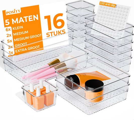 Posity Organisateur de tiroirs - 16 pièces - Plateaux d'organisation - Plateaux de tiroirs - Plateaux de stockage - Organisateur de maquillage - Pour la cuisine, la salle de bain et le bureau - Plastique - Transparent