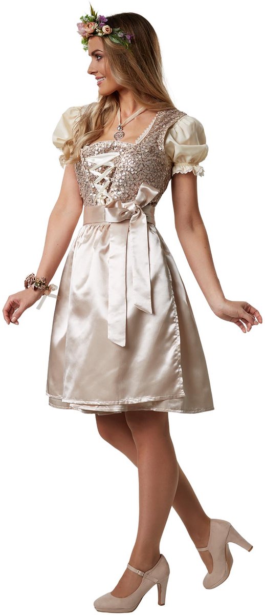 Dressforfun - Mini Dirndl Burgau Model 1 - Dirndl court et ajusté en beige avec paillettes et satin brillant - Taille XL