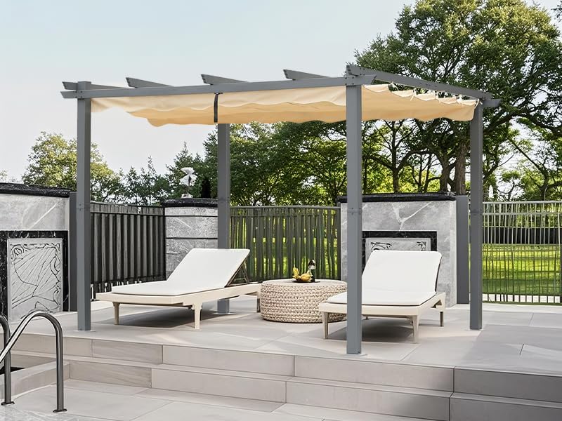 Angel Living Pergola en aluminium - Toit rétractable - Design élégant - Pavillon - Tonnelle - avec toile polyester résistante à l'eau et aux UV - Beige - 3 x 3 m
