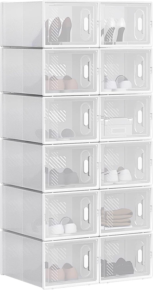 Boîtes à chaussures Woltu blanc transparent - 12 pièces - empilables et pliables - avec rabat frontal - 25x19x35 cm
